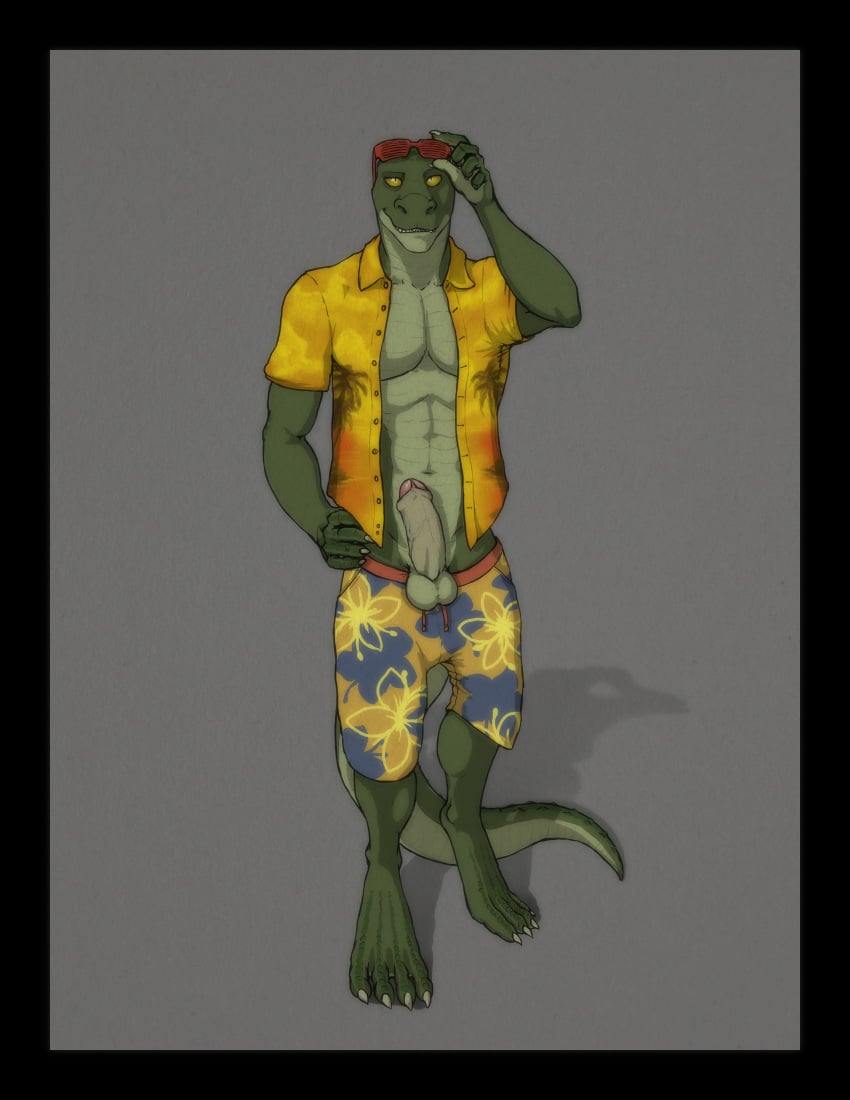 clothing crocodile crocodilian erection eyewear hawaaian_shirt male male_only penis pinup pose reptile scalie skawinski sunglasses swimsuit vaisz