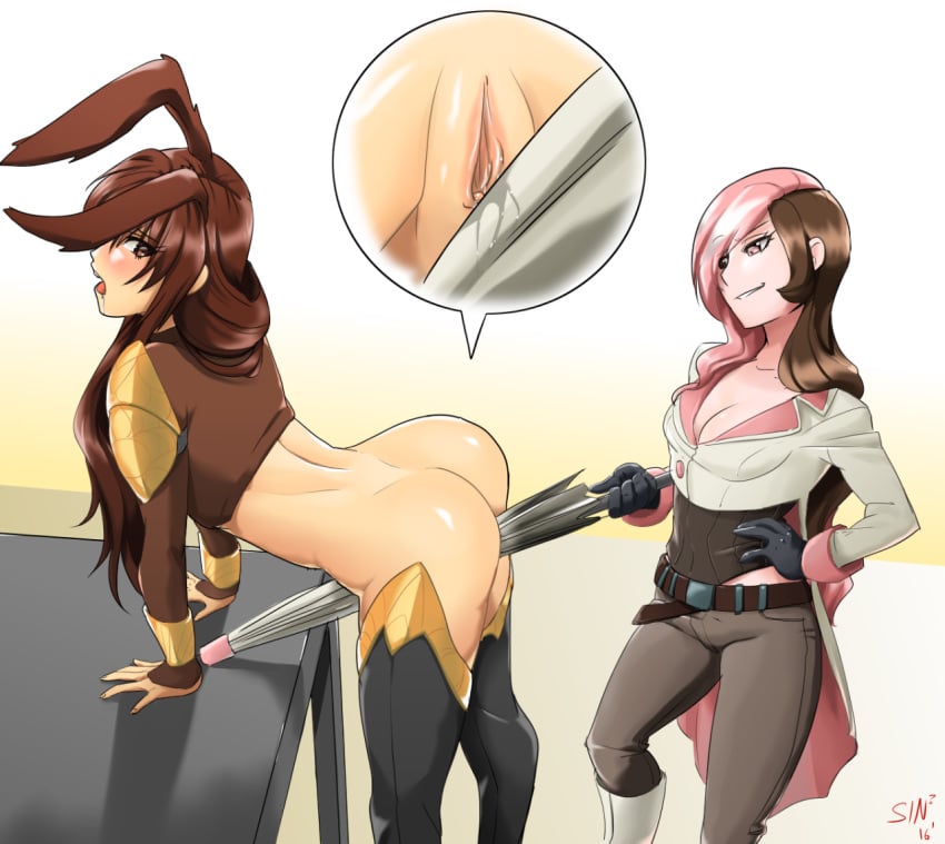 2girls animal_ears blush boots brown_hair bunny_ears female heel_boots high_heel_boots hush_(rwby) knee_boots multicolored_hair multiple_girls neo_(rwby) parasol pussy rwby sinccubi uncensored velvet_scarlatina weapon yuri