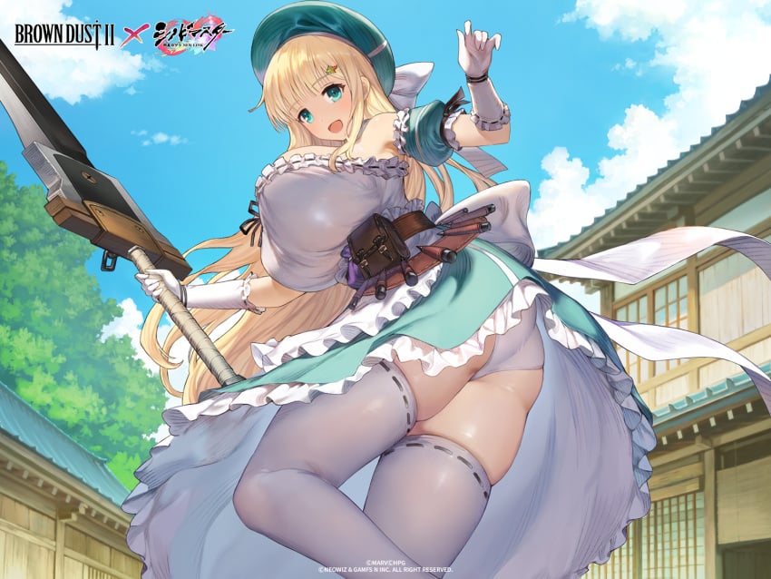 big_ass big_breasts blonde_hair brown_dust_2 dress giant_sword gloves green_eyes hat looking_at_viewer maid_uniform official_art panties senran_kagura skull_crushing_thighs thick_thighs thighhighs white_panties yomi_(senran_kagura)