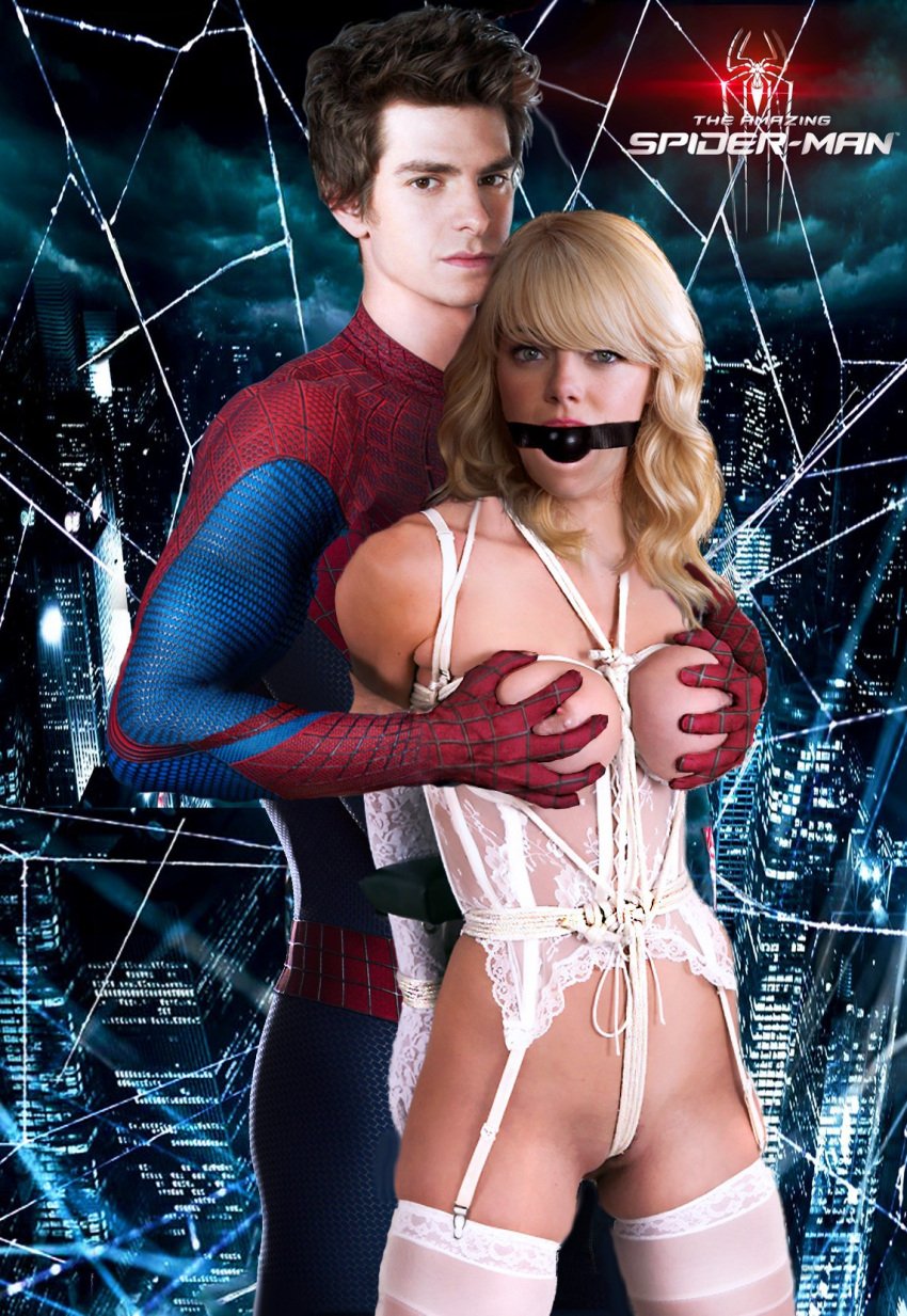 1boy 1girls ball_gag blonde_hair bodrumyalikavak deepfake female gwen_stacy gwen_stacy_(tasm) human male peter_parker real_person spider-man spider-man_(series) the_amazing_spider-man