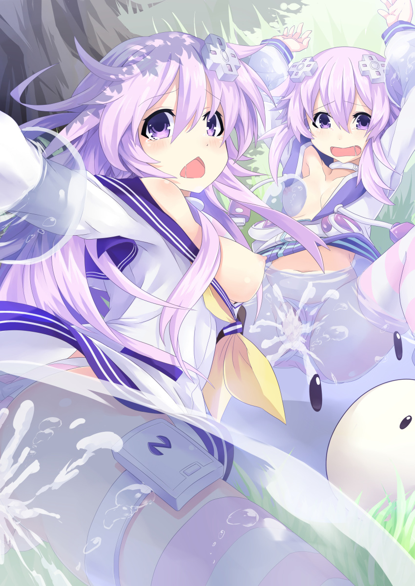 bondage breast_grab breasts cum dogoo extreme_content nepgear neptune_(neptunia) neptunia_(series) nipples no_bra open_clothes open_shirt panties panty_pull sex shimapan shirt slime_monster thighhighs