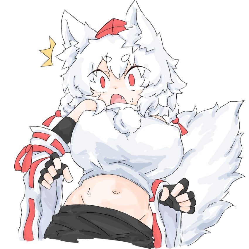 black_pants breast_focus breasts breasts_through_clothes cat_ears fumomono6500 gloves large_breasts momiji_inubashiri open_mouth pants red_eyes shirt shocked shocked_expression surprised tail white_hair white_shirt