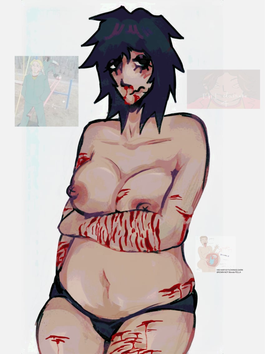 anya_(mouthwashing) black_hair black_panties blood breasts droopy_eyes female female_only mouthwashing ryona self_harm self_harm_scars slightly_chubby slightly_chubby_female uncomfortable