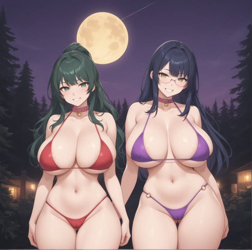 2women ai_generated big_breasts bikini cameltoe camp dark_blue_hair dark_green_hair dog_collar duo duo_female duo_focus forest forest_background friendly_expression full_moon glasses hourglass_figure kuro_inazuma large_breasts long_hair lustful_gaze night night_sky pine_forest pink_dog_collar ponytail purple_bikini purple_sky red_bikini scantily_clad seductive_smile straight_hair thick_thighs voluptuous voluptuous_female wide_hips