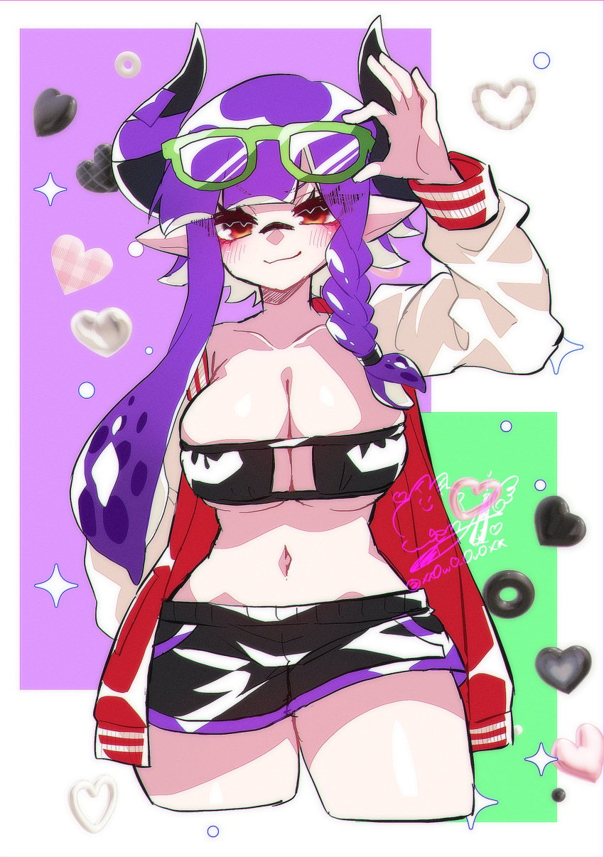 1girls big_breasts breasts cleavage dolphin_shorts eyewear eyewear_on_head female horns inkling inkling_girl inkling_player_character long_hair looking_at_viewer miiinatochanowo navel nintendo purple_hair red_eyes short_hair solo solo_female solo_focus splatoon splatoon_3 tentacle tentacle_hair