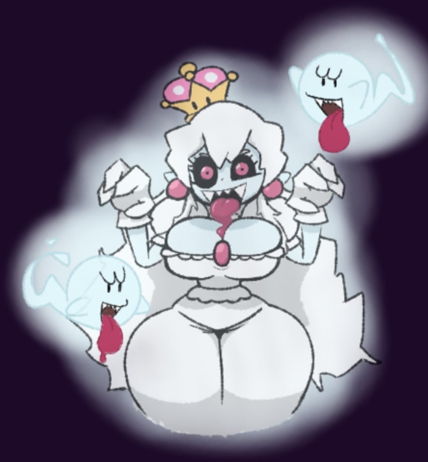 2023 big_breasts boo_(mario) boosette cleavage clothed clothing earrings mario_(series) nintendo sharp_teeth super_crown tagme thick_thighs thighs tongue_out vannortt white_hair wobblort