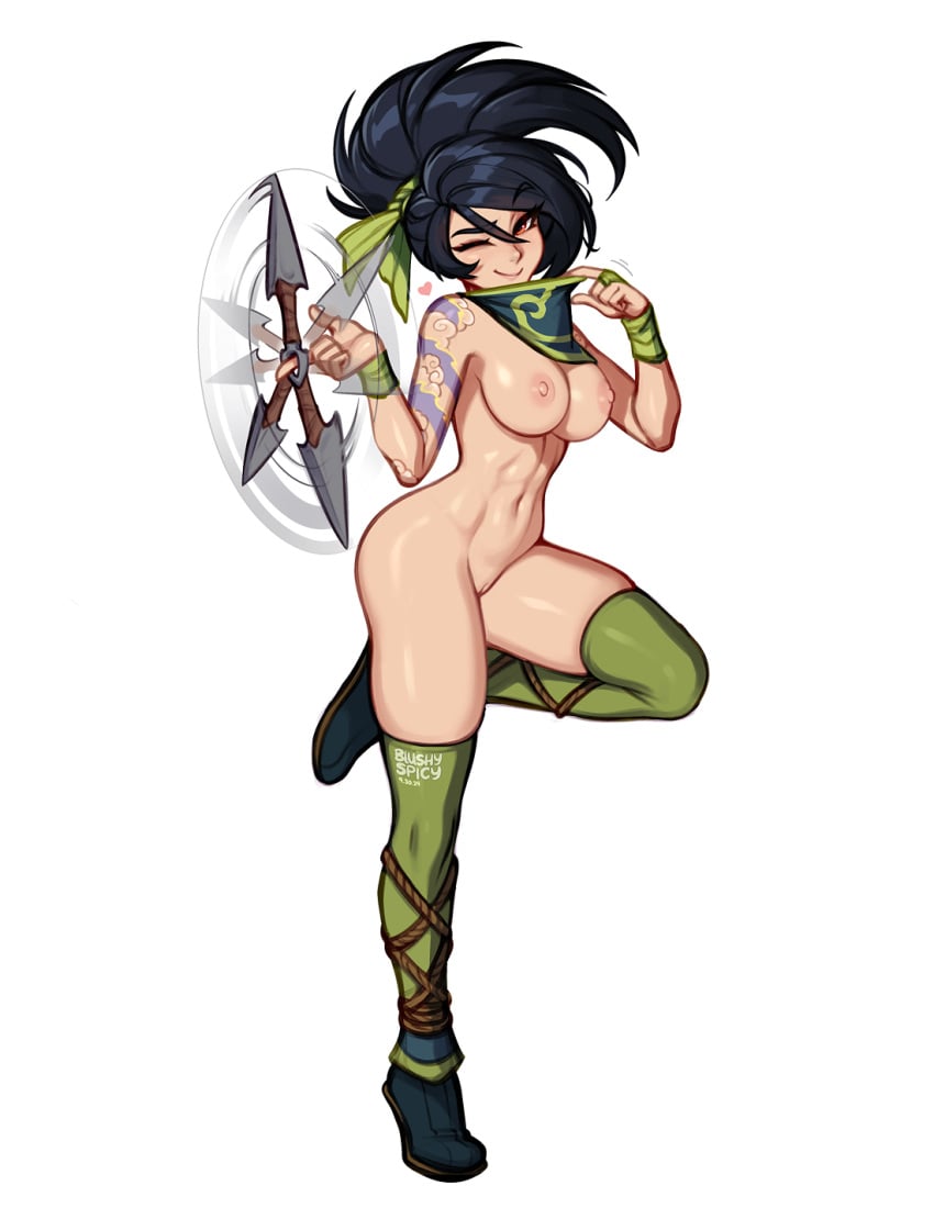 1girls 2d akali belly_button black_hair blushypixy blushyspicy boots breasts breasts_out brown_eyes digital_media_(artwork) female female_focus female_only full_body functionally_nude hair_up kunai league_of_legends pale_skin pinup ponytail pussy scarf solo solo_female solo_focus stomach tattoo thighhighs thighhighs_only thighs vagina white_background wink winking_at_viewer