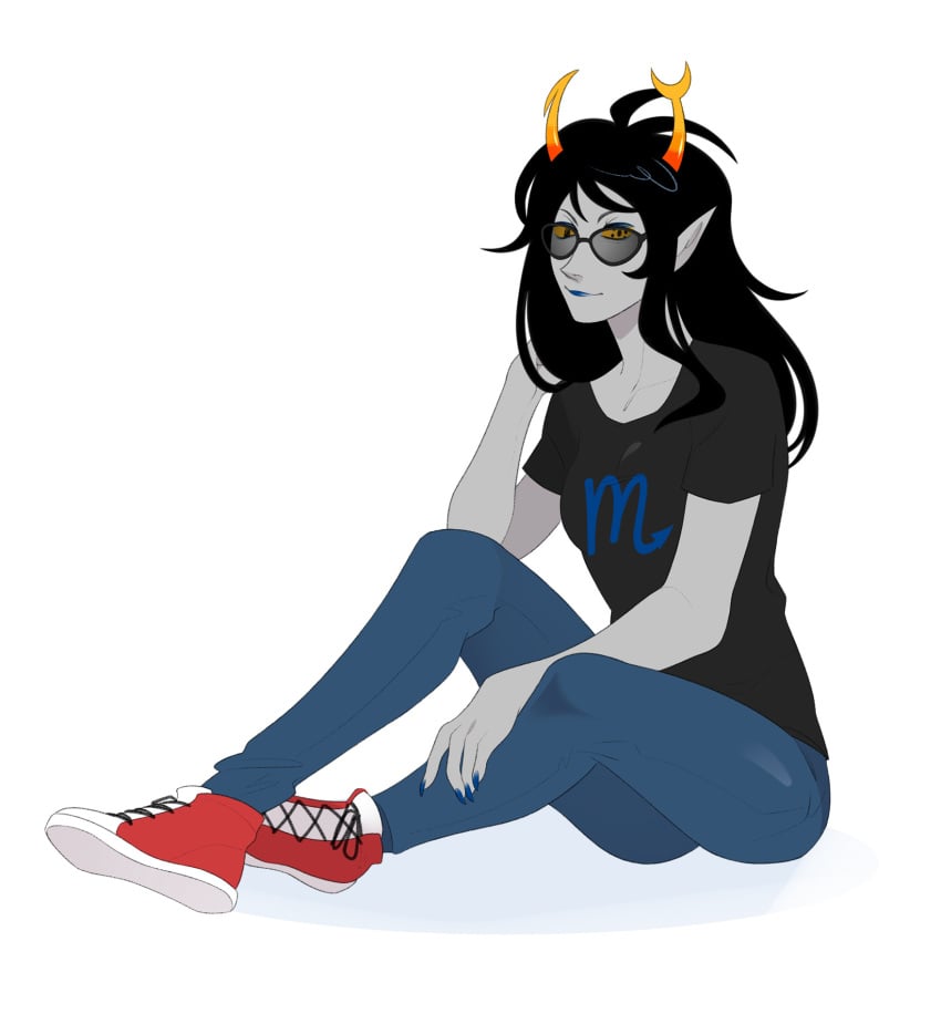 1girls alien alien_humanoid black_hair color colored colored_skin fangs female female female_focus female_only gamzeeghost grey_skin homestuck homestuck_troll horn horns humanoid humanoid_alien long_hair long_hair_female looking_at_viewer solo solo_female strip_game stripping stripping_game troll vriska_serket