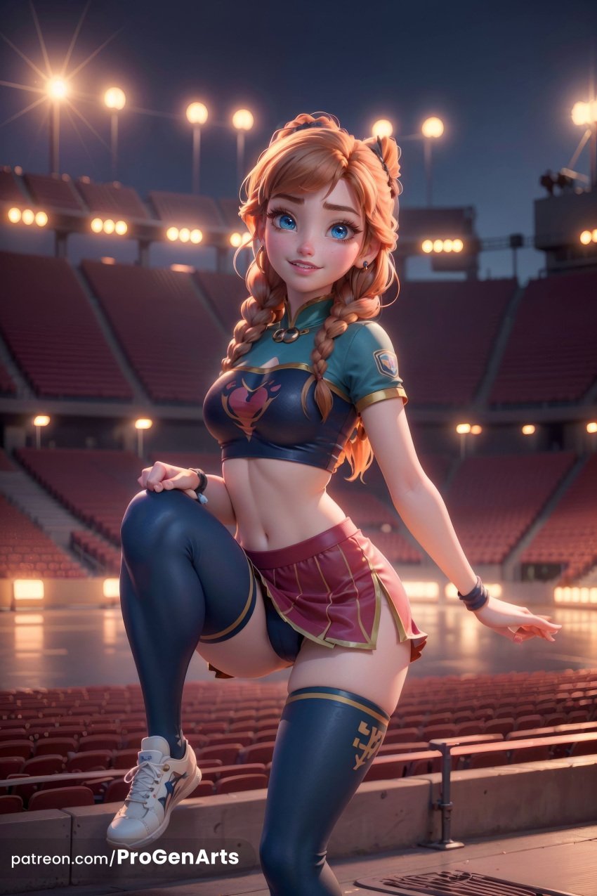 1girls ai_generated anna_(frozen) artist_name black_panties black_thighhighs blue_eyes blue_thighhighs braid breasts building cameltoe cheerleader crop_top cropped_shirt disney disney_princess earrings freckles frozen frozen_(film) frozen_2 hair_over_shoulder hi_res jewelry lamppost leg_up lips long_hair looking_at_viewer low_twin_braids medium_breasts midriff miniskirt navel night nose orange_hair outdoors panties pantyshot parted_lips piercing progenarts red_skirt shirt shoes short_sleeves skirt smile sneakers solo thighhighs twin_braids underwear wristband