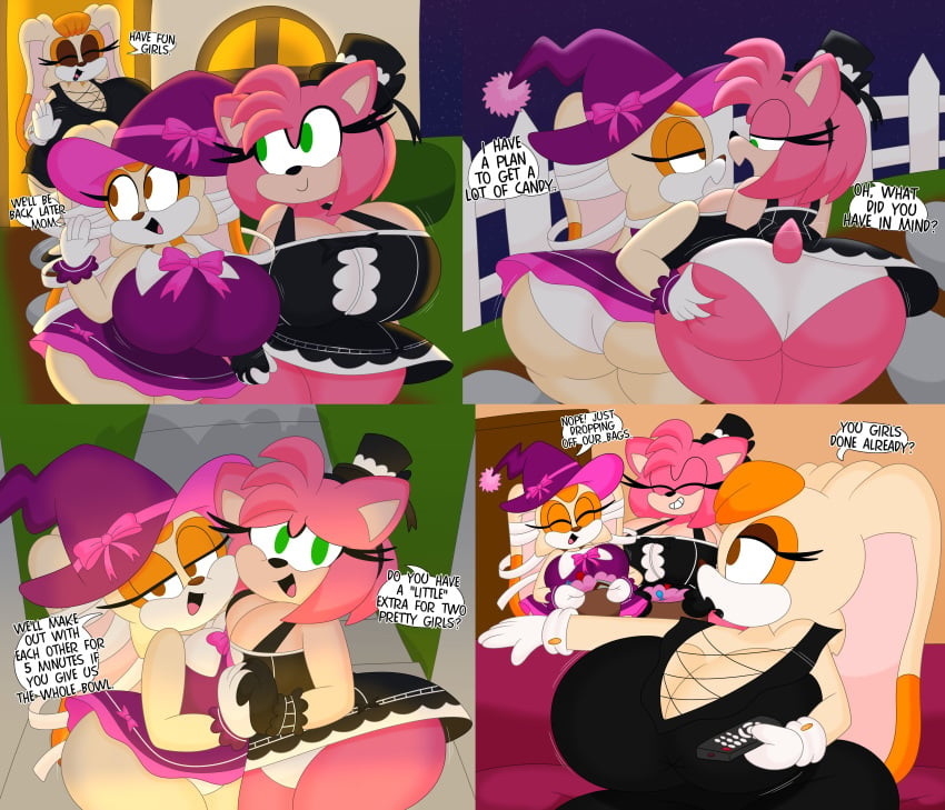 2024 3barts 3girls amy_rose ass cream_the_rabbit dialogue edit english_text female female_only halloween hand_on_butt panties sega smug sonic_(series) sonic_the_hedgehog_(series) text vanilla_the_rabbit