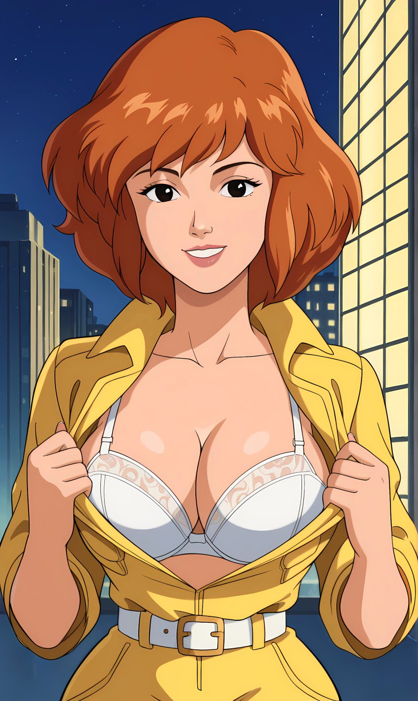 ai_generated april_o'neil april_o'neil_(tmnt_1987) bonnieaiart bra breasts brown_hair smile teenage_mutant_ninja_turtles undressing yellow_jumpsuit