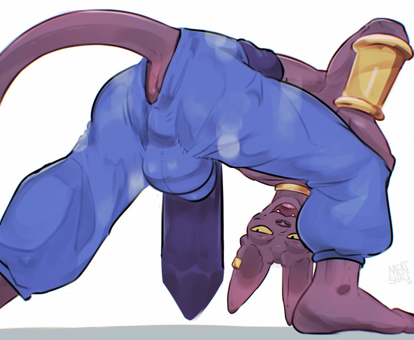 absurd_res anthro anus ass barefoot beerus biped bracelet bulge clothing cute_fangs domestic_cat dragon_ball dragon_ball_super feet felid feline felis hi_res jewelry looking_back male male_only mammal meatshaq open_mouth open_smile purple_body purple_tail rear_view simple_background smile solo tail white_background