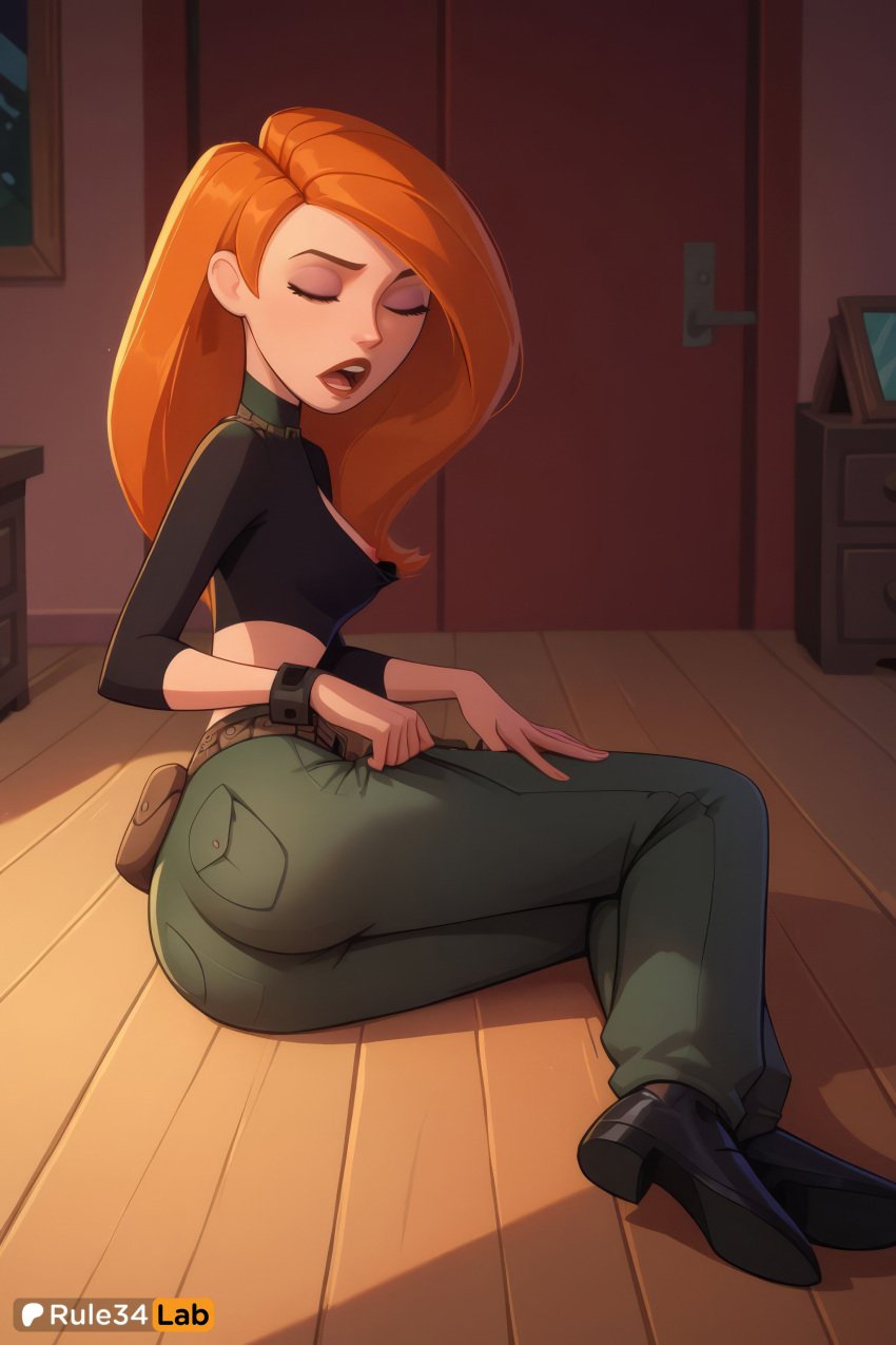 1girls ai_generated artist_name ass belt black_footwear black_shirt breasts closed_eyes covered_nipples crop_top disney disney_channel full_body green_hair green_pants hi_res indoors jewelry kim_possible kimberly_ann_possible long_hair makeup medium_breasts midriff open_mouth orange_hair pants red_hair rule34lab shirt shoes small_breasts solo wooden_floor