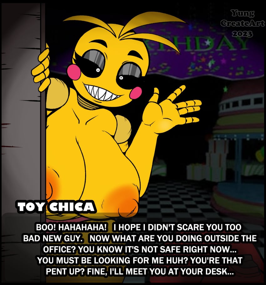 animatronic big_breasts breasts english english_text eyelashes five_nights_at_freddy&#039;s five_nights_at_freddy&#039;s_2 flashlight nipples panties sharp_teeth thick thick_thighs thighs toy_chica_(fnaf) yungcreateart