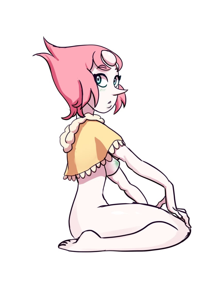 arttmadness ass blue_eyes blush breasts capelet female forehead_jewel gem_(species) kneeling long_nose looking_back nipples nude pearl_(steven_universe) pink_hair short_hair simple_background solo steven_universe