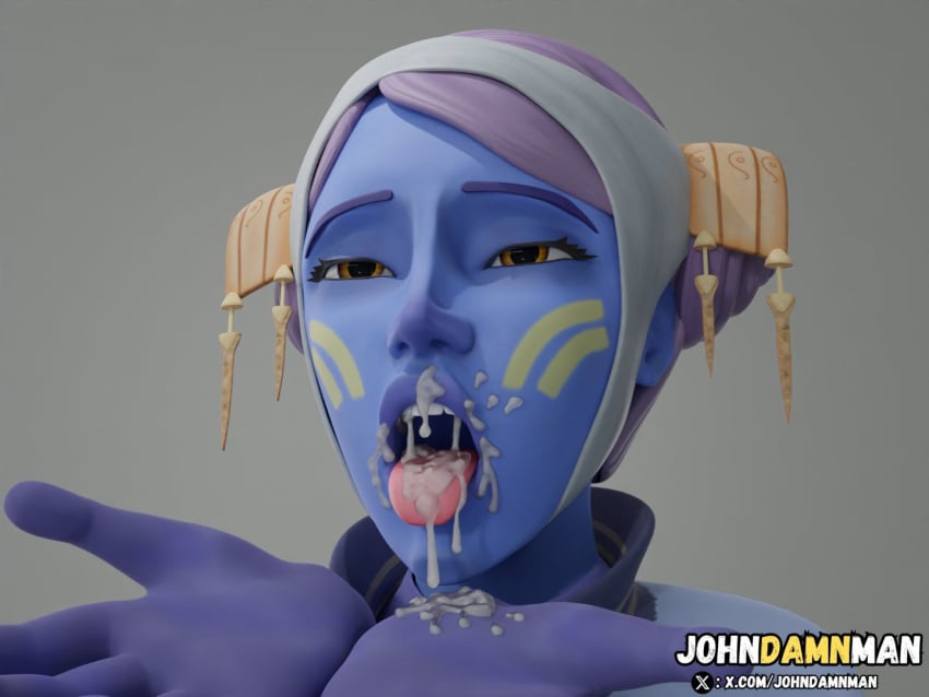 1girls 3d alien blue_skin brown_hair cum cum_in_mouth cum_on_face facial female johndamnman open_mouth purple_hair riyo_chuchi solo star_wars star_wars:_the_clone_wars tongue tongue_out