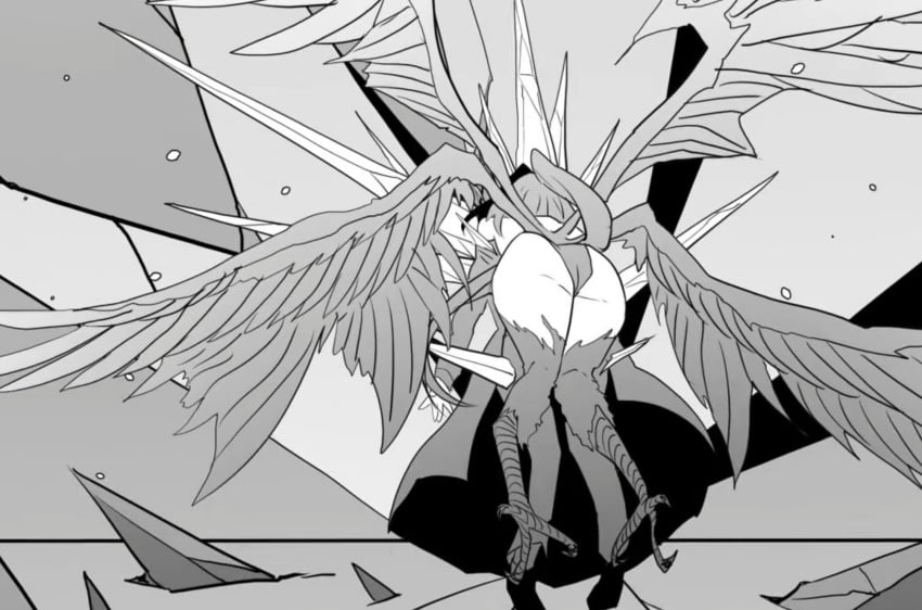 2022 ass ass_focus avian avian_humanoid big_ass bird_feet cheeks clothed clothing comic comic_panel detailed_background greyscale harpy harpy_girl harpy_humanoid hololive hololive_english hololive_english_-council- hololive_english_-promise- holoween knees_together knees_together_feet_apart large_wings nanashi_mumei official_art ouro_kronii rear_view virtual_youtuber wide_hips wings