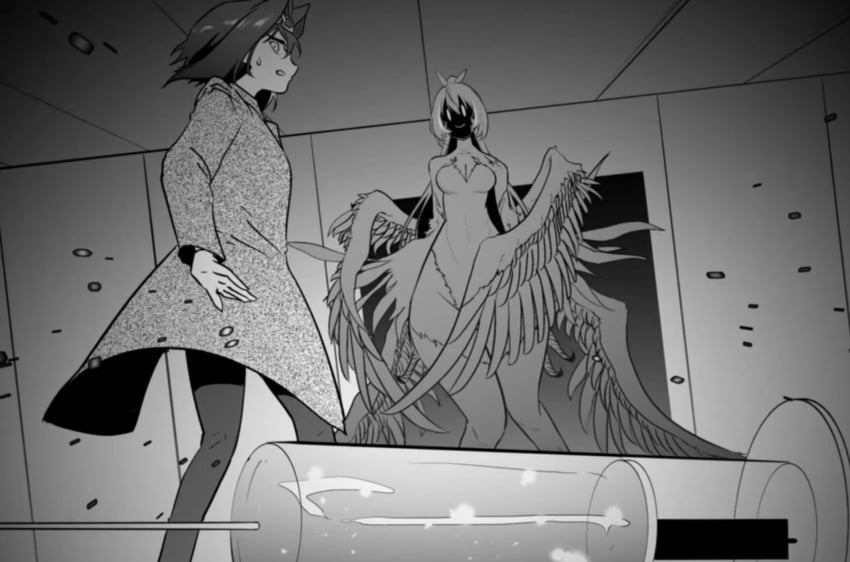 2022 ass avian avian_humanoid bare_shoulders big_ass bird_feet clothed comic comic_panel detailed_background eyes feathers giant_ass greyscale harpy harpy_girl harpy_humanoid hololive hololive_english hololive_english_-council- hololive_english_-promise- holoween imminent_attack incoming_attack jacket large_wings looking_at_viewer medium_breasts medium_hair nanashi_mumei official_art ouro_kronii shoulders smile smiling_at_viewer stare sweatdrop syringe virtual_youtuber wide_ass wide_hips wings