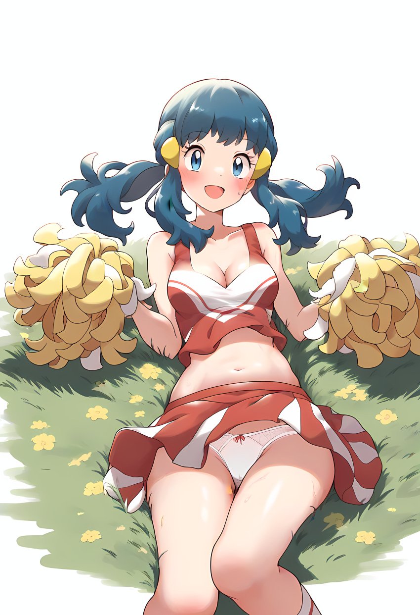 :d ai_generated alternate_costume bare_shoulders blue_eyes blue_hair blush bow_panties breasts cheerleader cleavage collarbone crop_top dawn_(pokemon) eyebrows_visible_through_hair female grass hair_ornament long_hair looking_at_viewer lying medium_breasts midriff miniskirt navel on_back open_mouth panties pantyshot pokemon pom_poms red_shirt shiny shiny_hair shiny_skin shirt sidelocks skirt sleeveless sleeveless_shirt smile solo stomach striped twintails underwear white_panties wind wind_lift