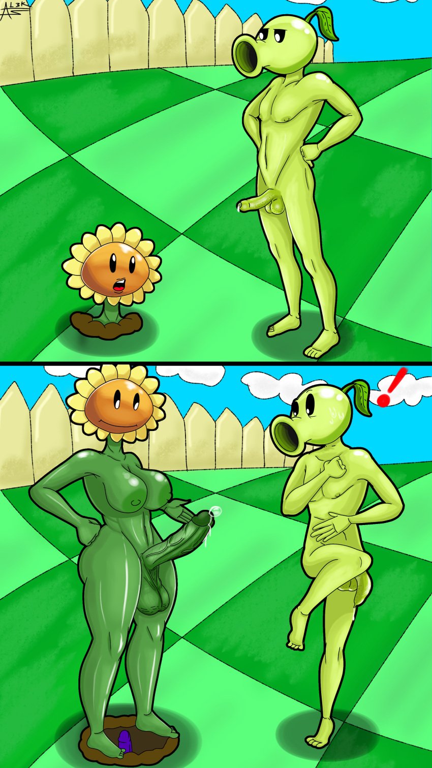 1boy 1futa al3kz big_balls big_breasts big_penis breasts cock cum cum_drip dickgirl dildo erection foreskin fully_nude funny futa_is_bigger futanari green_body green_skin happy lawn looking_at_another male nude_futanari nude_male outside peashooter_(pvz) penis penis_size_difference plant plants_vs_zombies popcap_games pvz showing_penis sunflower sunflower_(pvz) surprised surprised_face