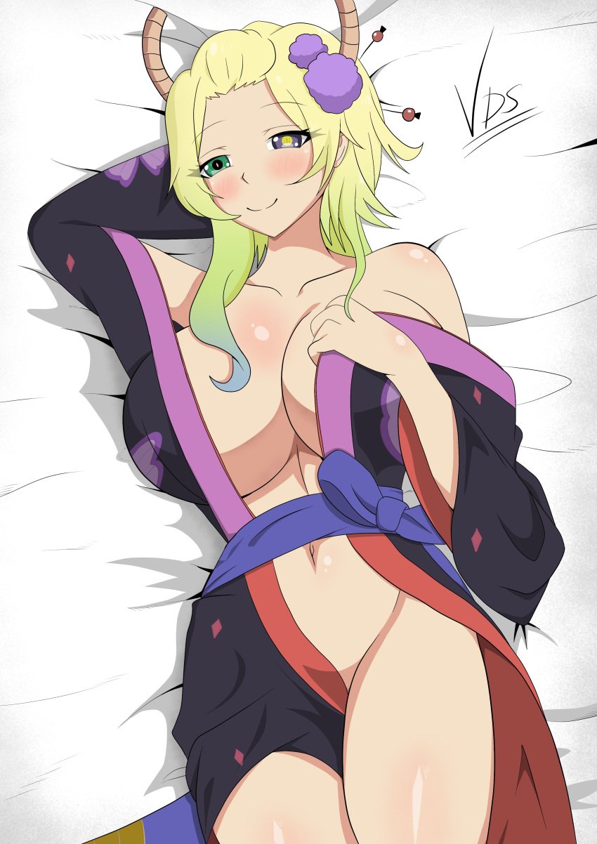 bed blonde_hair breasts cleavage female female_only green_hair heterochromia huge_breasts kimono laying_down laying_on_bed lucoa lucoa_(maidragon) miss_kobayashi's_dragon_maid multicolored_hair quetzalcoatl_(dragon_maid) seductive tagme vdrawstuff