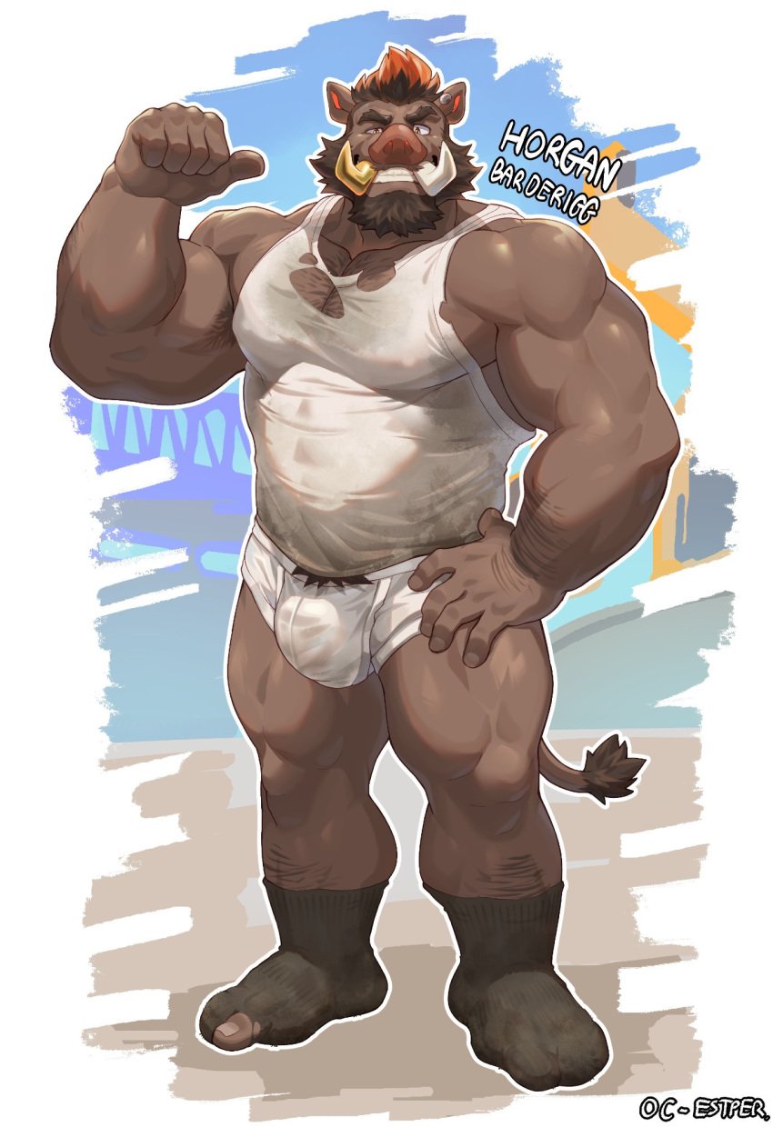 1boy 5_fingers 5_toes abs anthro anthro_only armpit armpit_hair armpits ball_tuft balls ballsack bara bara_tits barazoku beard belly biceps boar body_fur body_hair boner briefs brown_body brown_fur brown_hair brown_skin bulge chest_hair cock completely_naked completely_naked_male dyed_hair ear_piercing earrings erect erect_penis erection estper fangs forearm_hair foreskin furry furry_male furry_only gloves hair hairy hairy_armpits hairy_arms hairy_balls hairy_chest hairy_legs hairy_male hand_gesture hand_on_hip happy_trail hi_res hog horgan_(estper) humanoid humanoid_genitalia humanoid_penis large_pecs large_pectorals male male_focus male_only musclegut muscles muscular muscular_arms muscular_legs muscular_male muscular_thighs nipple_bulge nipples nipples_visible_through_clothing orange_hair pecs pectorals penis pubic_hair raised_eyebrow shirt simple_background smile smiling smiling_at_viewer socks solo solo_focus solo_furry solo_male suina sus_(pig) sweat sweatdrop sweating sweaty sweaty_body tail tank_top thick_arms thick_eyebrows torn_clothes torn_clothing torn_shirt torn_socks torn_tank_top underwear underwear_bulge vein veins veiny veiny_penis wild_boar work_gloves worker yellow_eyes