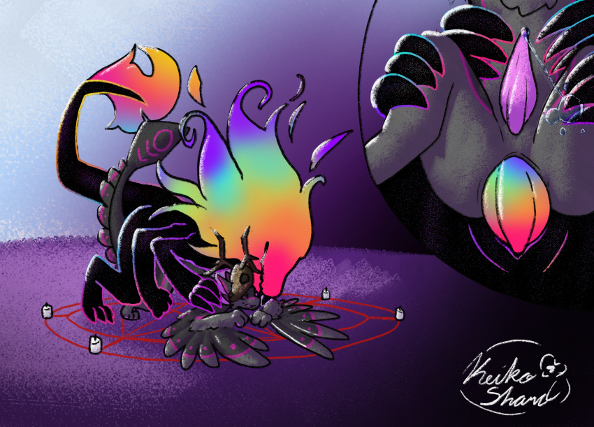 4_arms 4_ears anal anal_sex anthro avali black_body black_fur bodily_fluids bone candle colored_fire duo fire flaming_head flaming_tail fur genital_fluids genitals gradient_penis grey_body grey_fur hi_res holding_both_legs jasii kaydelas keikoshard male male/male markings mask multi_arm multi_ear multi_limb multicolored_penis penetration penis pink_penis precum purple_markings size_difference skull skull_mask summoning_circle tail tapering_penis unknown_species