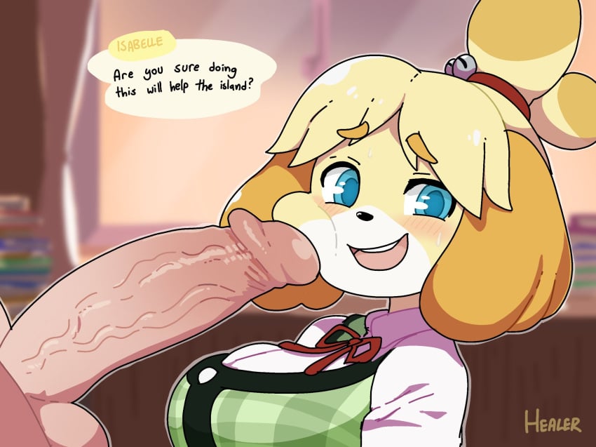 animal_crossing anthro big_breasts big_penis blonde_hair blue_eyes breasts canid canine canis clothed clothing dialogue disembodied_penis domestic_dog duo female female_anthro female_focus fully_clothed fur genitals hair healerart hi_res human human_on_anthro humanoid_genitalia humanoid_penis interspecies isabelle_(animal_crossing) male male/female male_human male_on_anthro mammal nintendo nude penis penis_on_face shih_tzu shirt smile solo_focus speech_bubble text topwear toy_dog vest yellow_body yellow_fur