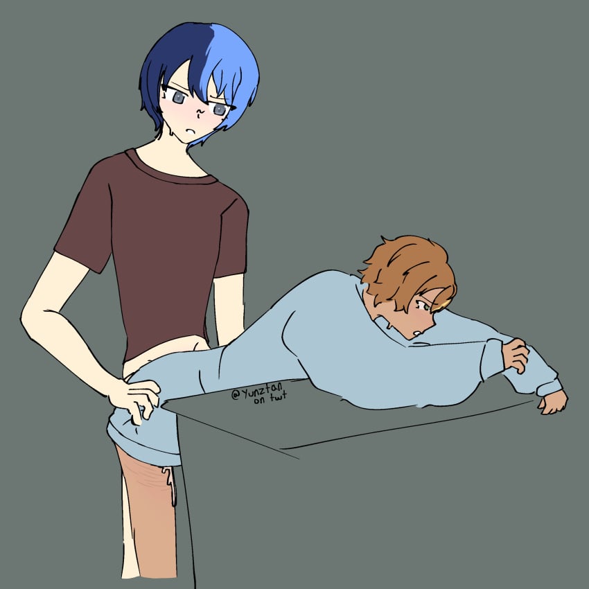 aoyagi_touya bent_over bent_over_table blue_hair cuts gay ginger gray_eyes green_eyes japanese male male/male male_only male_penetrating men_only orange_hair project_sekai shinonome_akito table two_males two_tone_hair yaoi yunztan