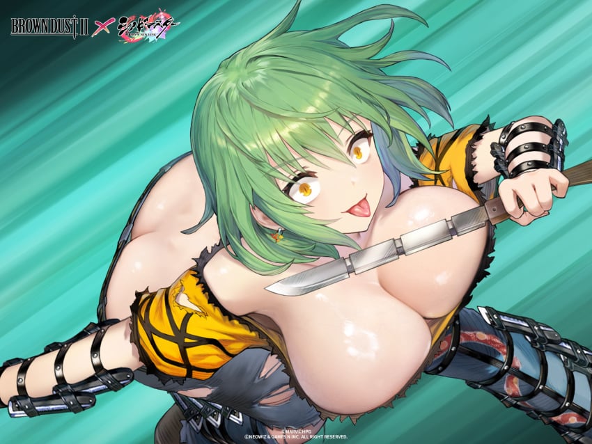 ass_cleavage big_ass big_breasts brown_dust_2 butt_crack crop_top female_only gold_eyes green_hair hikage_(senran_kagura) huge_breasts jeans knife looking_at_viewer medium_hair no_bra revealing_clothes senran_kagura thick_thighs tongue_out