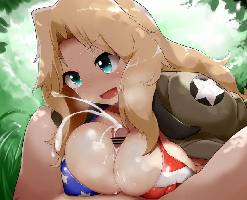 1boy 1girls american_flag american_flag_bikini aqua_eyes bikini blonde_hair breasts censored cleavage cum ejaculation female flag_print girls_und_panzer hair_intakes has_uncensored_version kay_(girls_und_panzer) large_breasts light-skinned_female light-skinned_male light_skin long_hair mizuyan paizuri penis solo_focus swimsuit