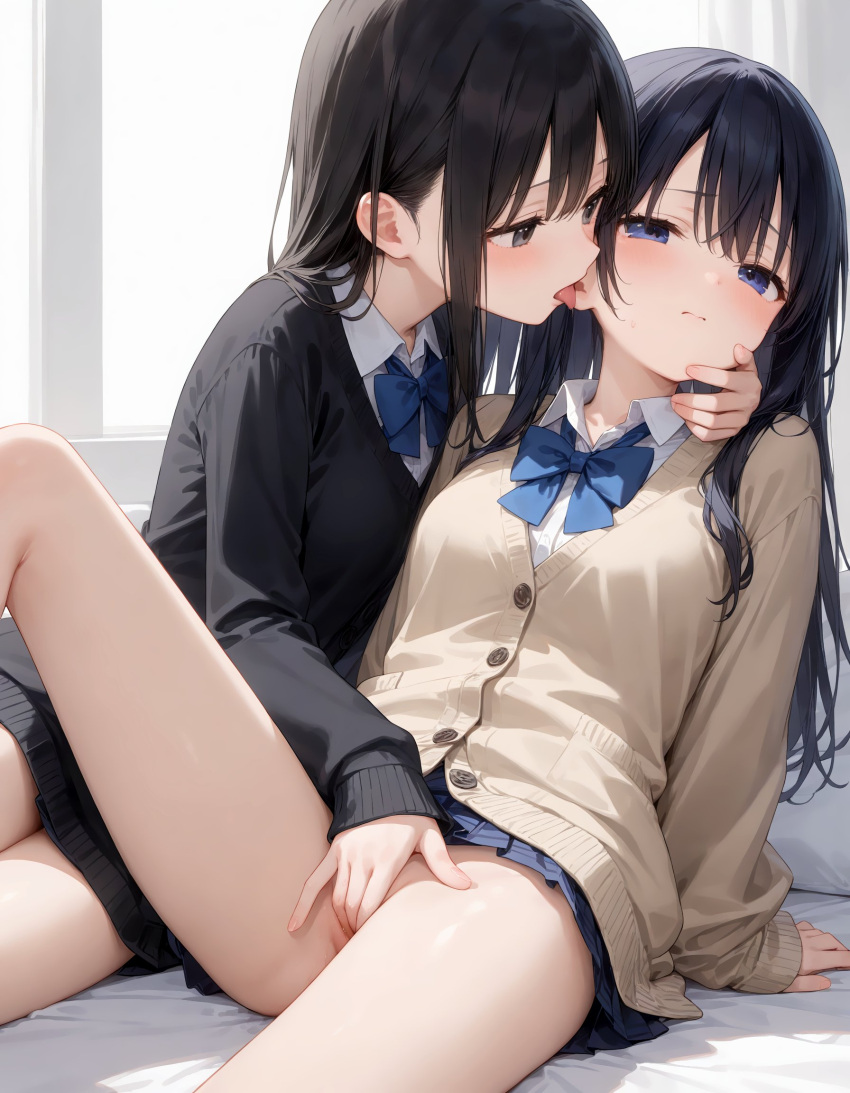 2girls absurdres ai_generated bangs bed bed_sheet black_cardigan black_hair blue_bow blue_bowtie blue_sky blush bow bowtie cardigan closed_mouth collared_shirt fingering highres indoors knee_up legs licking long_hair long_sleeves looking_at_another looking_at_viewer multiple_girls no_panties on_bed original pleated_skirt pussy_juice reclining school_uniform shirt skirt sky thighs tongue tongue_out white_shirt window yuri zombino999