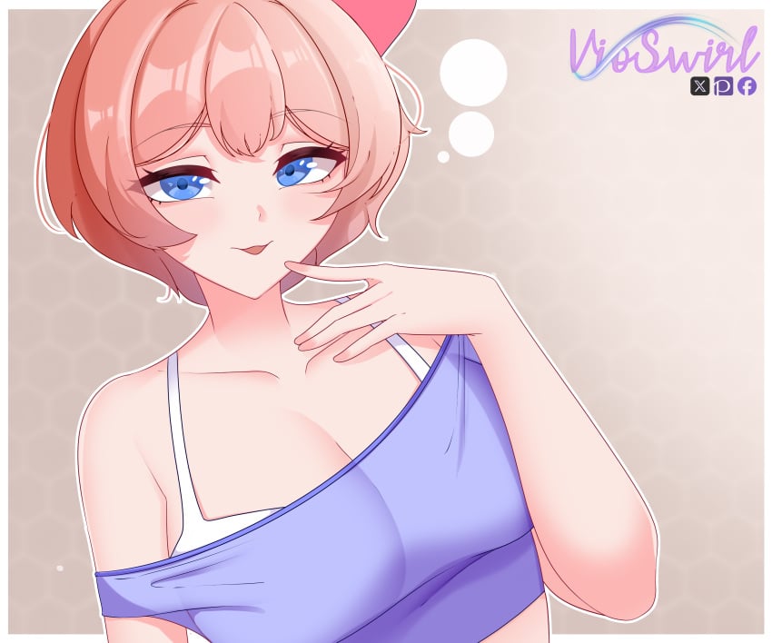 1female 1girls artist_name blue_eyes breasts cleavage collarbone doki_doki_literature_club female_focus sayori_(doki_doki_literature_club) strawberry_blonde_hair vioswirl