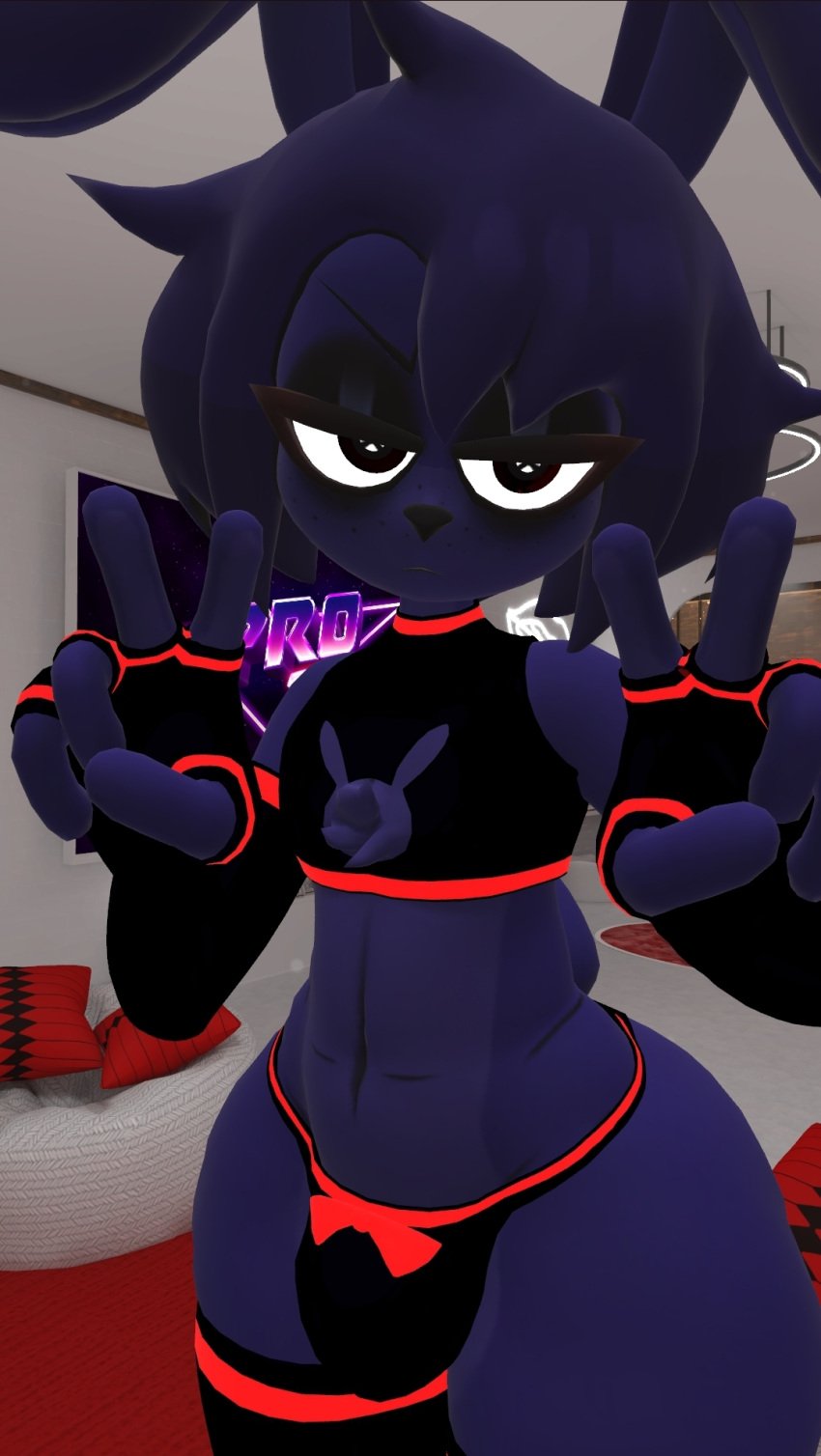 bonnie_(fnaf) bulge_through_clothing horny_femboy lingerie looking_at_viewer peace_sign thick_ass thick_thighs vrchat vrchat_avatar