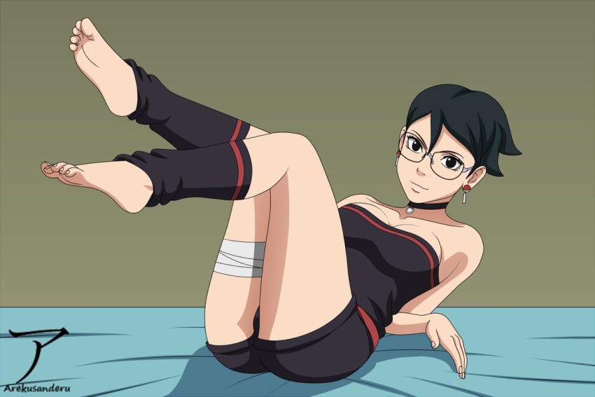 1girls arekusanderu ass bandage bandaged_leg bare_arms bare_shoulders bare_thighs barefoot bed bed_sheet bedding bedroom bimbo black_eyes black_hair booty_shorts boruto:_naruto_next_generations boruto:_two_blue_vortex breasts choker cleavage clothed clothing collar ear_piercing earrings feet feet_up female female_focus female_only foot_fetish foot_focus glasses hi_res high_resolution highres jewelry leg_strap leg_warmers legs_together legs_up legwear light-skinned_female light_skin looking_at_viewer minishorts naruto naruto_(series) on_back on_bed pale-skinned_female pale_skin perky_breasts pinup pixie_cut pose posing presenting_feet presenting_soles sarada_uchiha short_hair short_shorts shorts shounen_jump shueisha sitting skimpy skimpy_clothes sleeveless_shirt small_breasts smile smiling smiling_at_viewer soles thighs toes tomboy tubetop uchiha_sarada uchiha_symbol very_high_resolution weekly_shonen_jump