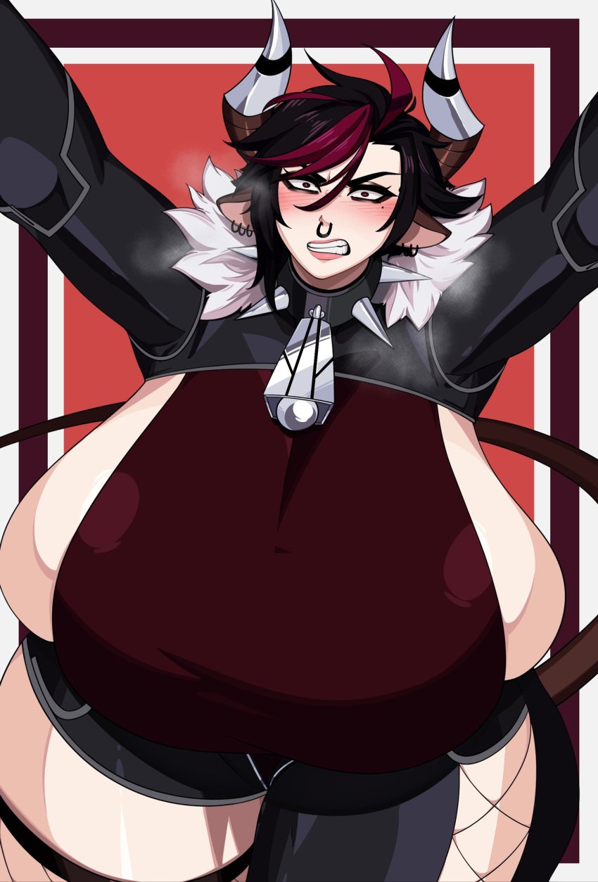 angry_face big_breasts blush cow_bell cow_ears cow_horns horns huge_breasts looking_at_viewer piercing piercings pinned pov strongmoist thick thick_thighs