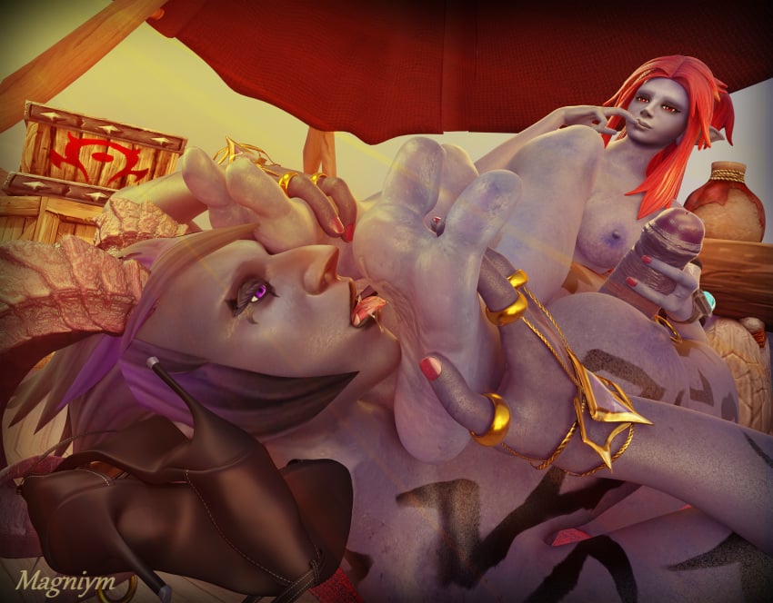 3d blue_body foot_fetish foot_focus foot_lick foot_worship futa_on_futa futa_only futanari magniym oc red_eyes red_hair troll troll_(warcraft) troll_futanari warcraft world_of_warcraft