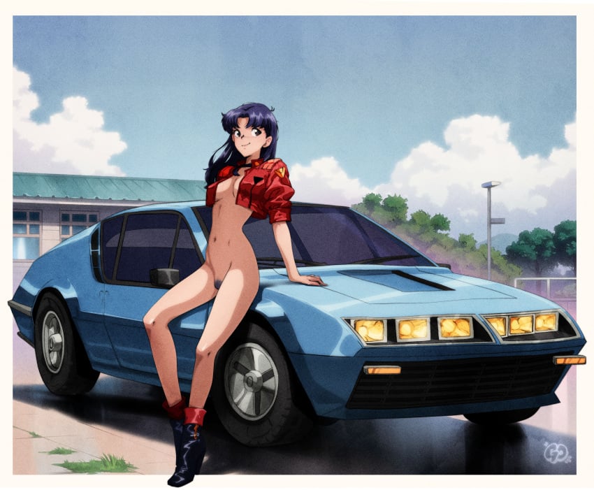 absurdres alpine_a310 arm_support artist_logo blue_car blue_sky blush boots border breasts brown_eyes car cloud cloudy_sky cropped_jacket cross cross_necklace day female female_pubic_hair full_body high_heel_boots high_heels highres impossible_clothes jacket jewelry katsuragi_misato leaning_on_object legs logo long_hair medium_breasts misato_katsuragi motor_vehicle naked_jacket navel necklace neon_genesis_evangelion open_clothes open_jacket outdoors parted_bangs pubic_hair purple_hair red_jacket sky smile solo sports_car stomach thatpersonaguy tree variant_set vehicle_focus