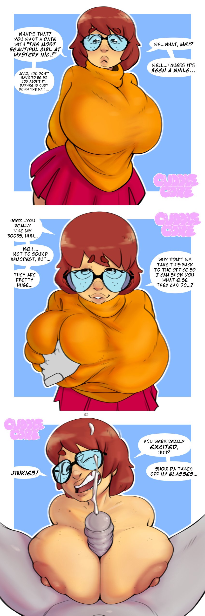 1boy 1boy1girl 3koma big_breasts breasts brown_hair clothing cuddlecore cum cum_on_glasses cum_on_hair cumshot curvy female freckles glasses groping groping_breasts hand_on_breast looking_pleasured naked_female nipple_piercing paizuri penis red_skirt scooby-doo sex short_hair skirt sweater text text_bubble titjob top_heavy unseen_male_face velma_dinkley