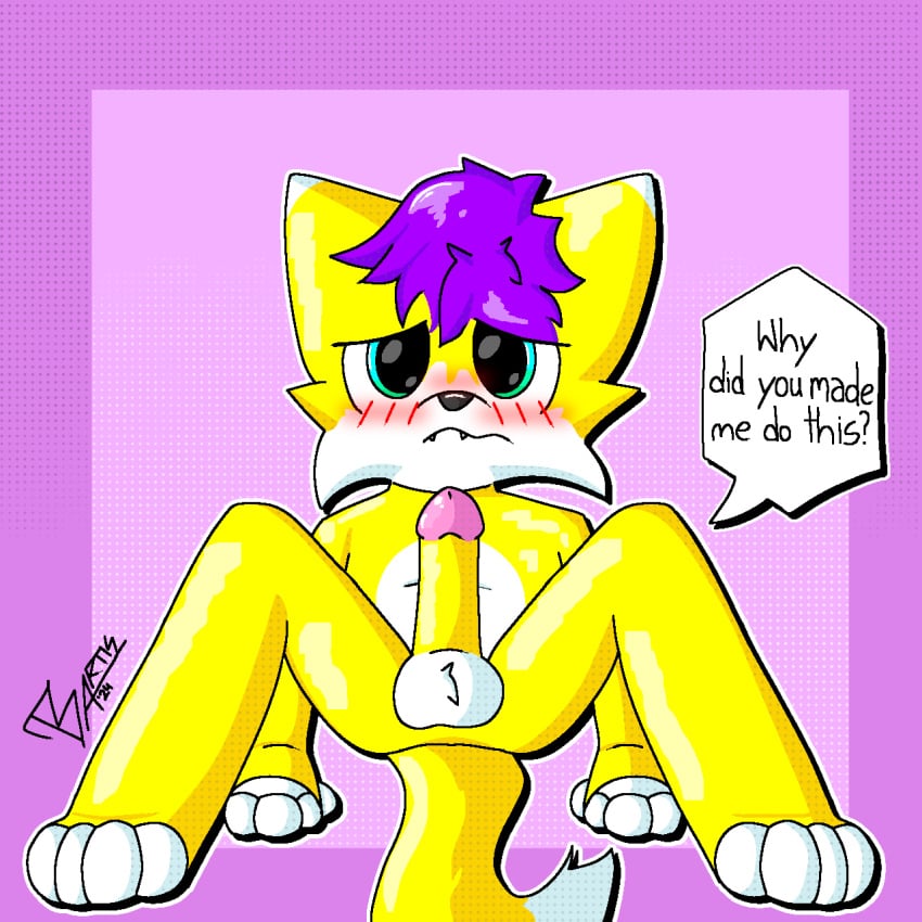 1:1 anthro balls bartis_(bartisthedoggie) bartisthedoggie blue_eyes blush blush_lines canid canine canis domestic_dog english_text fur genitals hair hi_res male mammal penis purple_hair shaded signature simple_background simple_shading solo speech_bubble text white_balls white_body white_fur yellow_body yellow_fur yellow_penis