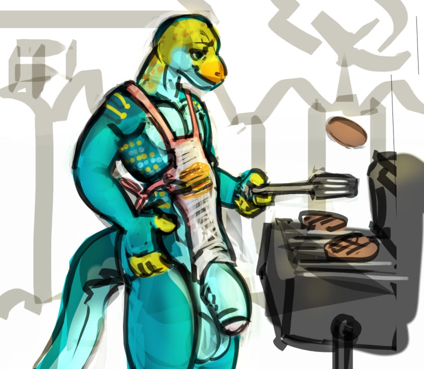 2024 5_fingers abstract_background anthro apron apron_only balls big_balls big_penis blue_balls blue_body blue_penis blue_scales burger clothing collared_lizard colored_sketch common_collared_lizard cool. digital_drawing_(artwork) digital_media_(artwork) fingers flaccid food foreskin genitals glans green_body green_eyes green_scales grill grilling guide_lines holding_object holding_spatula holding_tool huge_balls huge_cock humanoid_genitalia humanoid_penis lizard male markings monroe_lehner multicolored_body multicolored_scales outside partially_retracted_foreskin penis pink_glans reptile scales scalie sketch solo spatula spots spotted_body spotted_scales striped_body striped_scales stripes thick_penis tools vein veiny_penis yellow_body yellow_scales