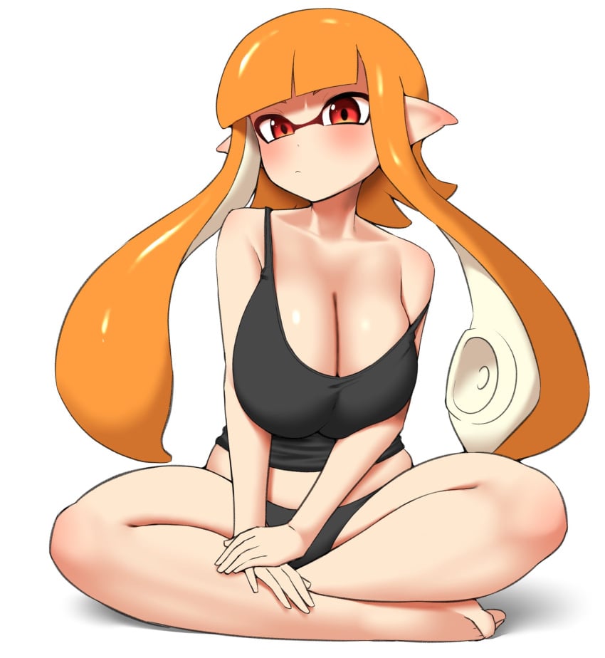 big_breasts black_bra black_panties inkling inkling_girl looking_at_viewer nintendo nobunagapero orange_hair red_eyes sitting splatoon tentacle tentacle_hair