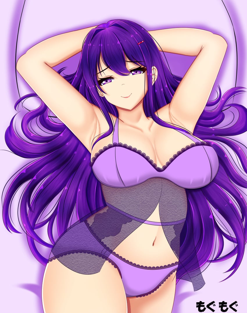 1female 1girls artist_name big_breasts bra breasts doki_doki_literature_club female_focus long_hair matching_underwear mogumogu_(pixiv_user_id_109875538) navel panties purple_bra purple_eyes purple_hair purple_panties yuri_(doki_doki_literature_club)