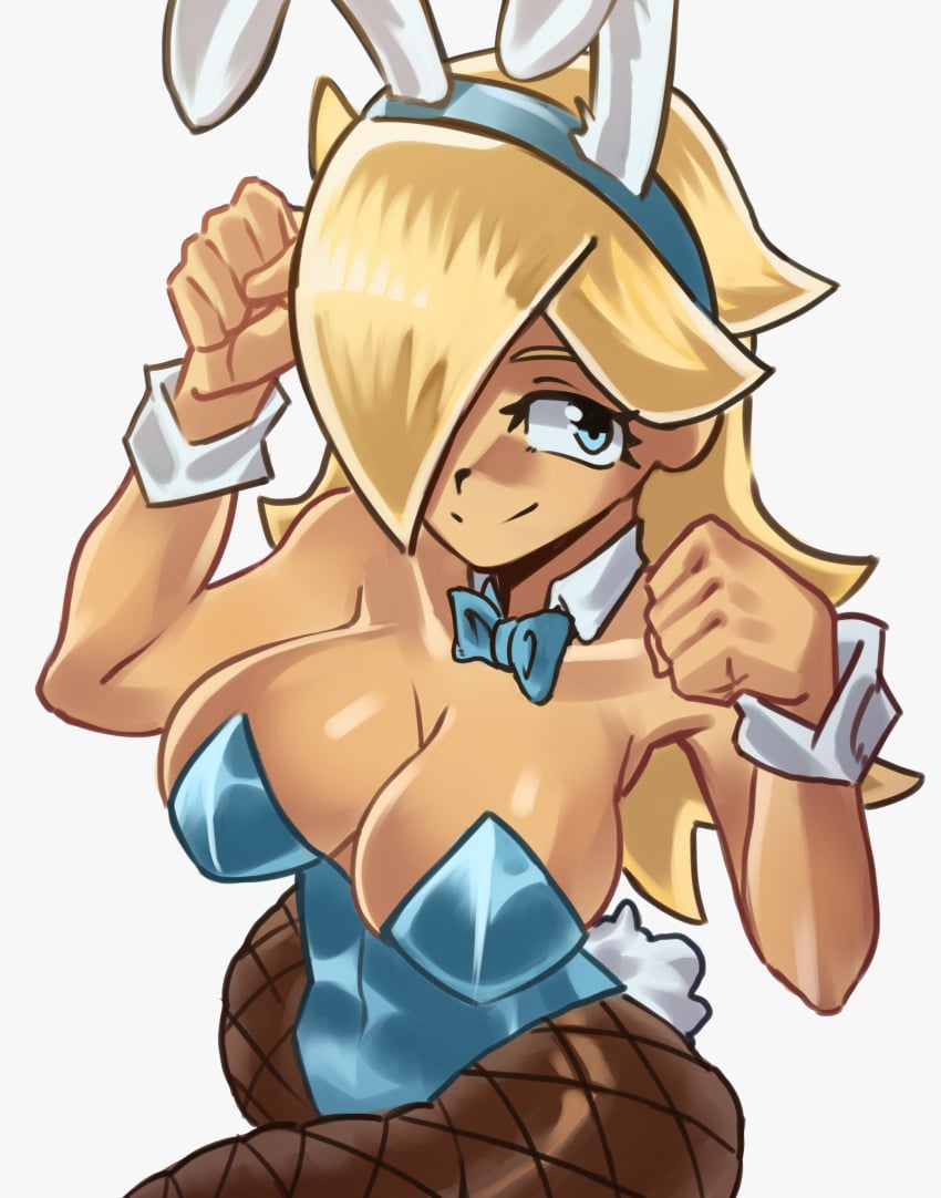 1girls animal_ears ass big_breasts blonde_hair blue_eyes breasts bunny_ears bunny_tail bunnysuit cleavage female female_only fishnet_pantyhose fishnets huge_breasts mario_(series) moxydrawsmore nintendo pantyhose princess_rosalina solo super_mario_galaxy tail