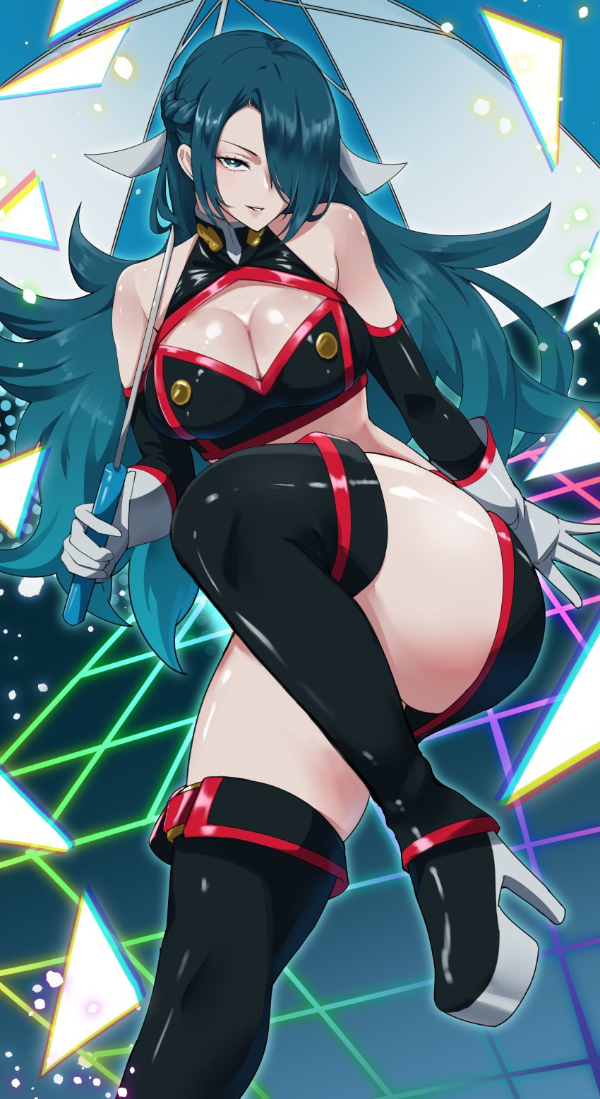 alternate_costume anti-demon_corps_uniform azuma_fubuki bare_shoulders blue_eyes blue_hair cleavage gloves hair_over_one_eye large_breasts long_hair looking_at_viewer mato_seihei_no_slave milf skirt thick_thighs umbrella yamada_otonari