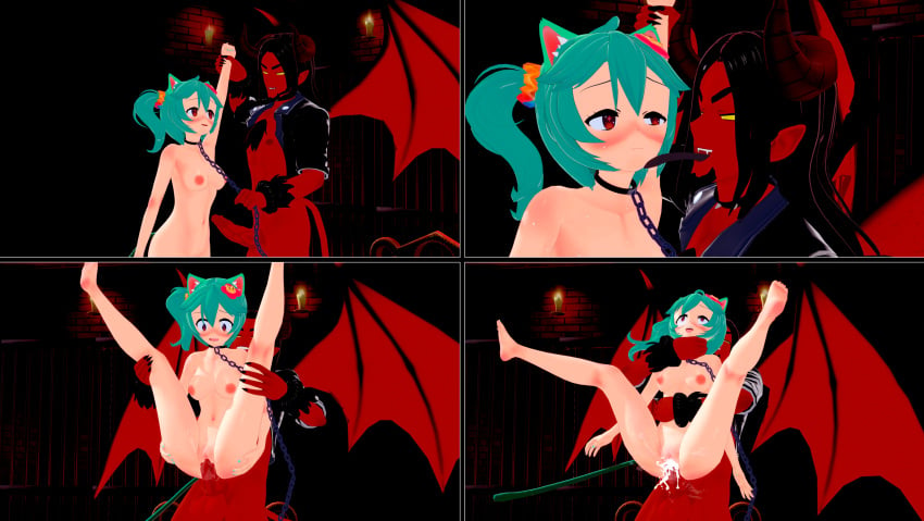 1boy 1girls cat_ears cat_tail catgirl chain_leash collar comic cumming cumming_inside demon_horns demon_wings devil female indie_virtual_youtuber koikatsu licking_face male naked_female no_dialogue renhentai rosedoodle_(vtuber) small_breasts vaginal_sex virtual_youtuber vtuber