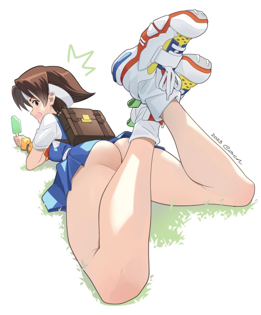 ass backpack big_ass bottomless bottomless_skirt brown_eyes brown_hair cacn capcom eating female headband hinata_wakaba legs_up lying_on_stomach no_panties popsicle rival_schools school_uniform schoolgirl shirt shoes short_hair skirt