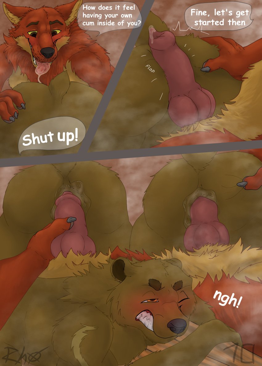 absurd_res anal anal_sex animal_genitalia animal_penis anthro anus ass balls bear blush bodily_fluids brown_body brown_fur butt_grab canid canine canine_genitalia canine_penis canis claws comic comic_panel cum cum_drip cum_in_ass cum_in_mouth cum_inside cum_on_penis dialogue digital_media_(artwork) domestic_dog dripping duo ears_back ears_down ejaculation english_text erection fur gay genital_fluids genitals grin hair hand_on_butt hi_res humanoid_genitalia knot knotted_penis licking looking_pleasured male male/male male_penetrated male_penetrating male_penetrating_male mammal narrowed_eyes nude open_mouth oral orange_body orange_fur page_number panel_tilt penetration penile penile_penetration penis penis_grab penis_in_ass pivoted_ears precum public public_nudity public_sex red_body rhox rimming rimming_male sauna sauna_bench sex shaded sheath simple_background smile speech_bubble squint steam steaming tail teeth text tongue tongue_out tuft yellow_body yellow_fur