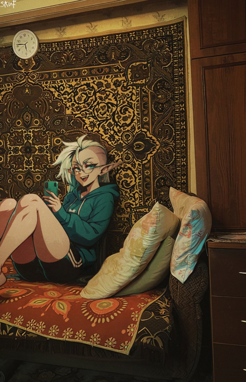 1girls ai ai_generated alien alien_girl clothed cozy elf_ears female glasses hoodie looking_at_viewer no_nude no_sex phone shorts warhammer_(franchise) warhammer_40k yvraine