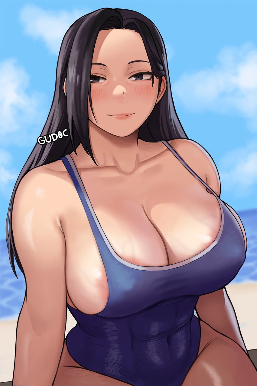 1girls 2024 abs absurd_res areola_slip areolae artist_name athletic_female beach belly_button belly_button_visible_through_clothing big_breasts black_hair blue_clothing blush blushing_at_viewer breasts busty cleavage clothed clothed_female clothing collarbone curvaceous curvy erect_nipples eyelashes fat_breasts female fit_female flat_belly front_view grey_eyes gud0c hair hourglass_figure human large_breasts legs_together light-skinned_female light_skin long_hair looking_at_viewer milf momo_yaoyorozu my_hero_academia navel navel_visible_through_clothes nipple_bulge nipples one-piece_swimsuit open_mouth outdoors signature sitting six_pack skin_tight smile solo stomach swimsuit thick_thighs thighs veiny_breasts voluptuous wide_hips